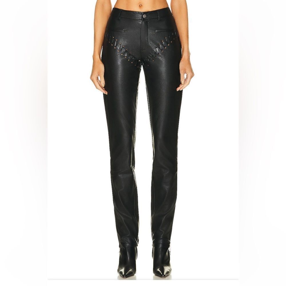 Miaou Jet Pant black faux leather stitched straight leg zippers FWRD $395 S